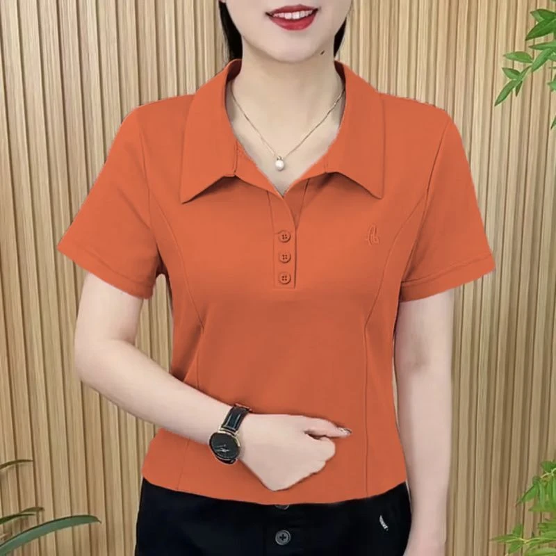 853桔色新款时尚妈妈高级短袖t恤女polo衫大码宽松打底上衣翻领