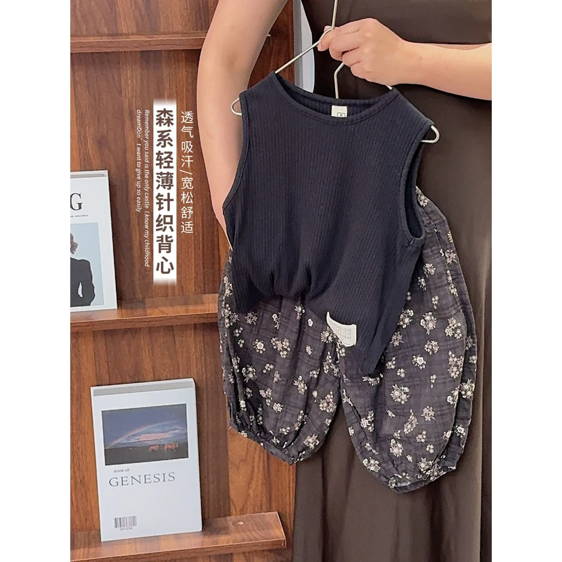 《夏上新》韩版男女童圆领无袖T恤夏季佰搭儿童贴标背心潮25XL1133