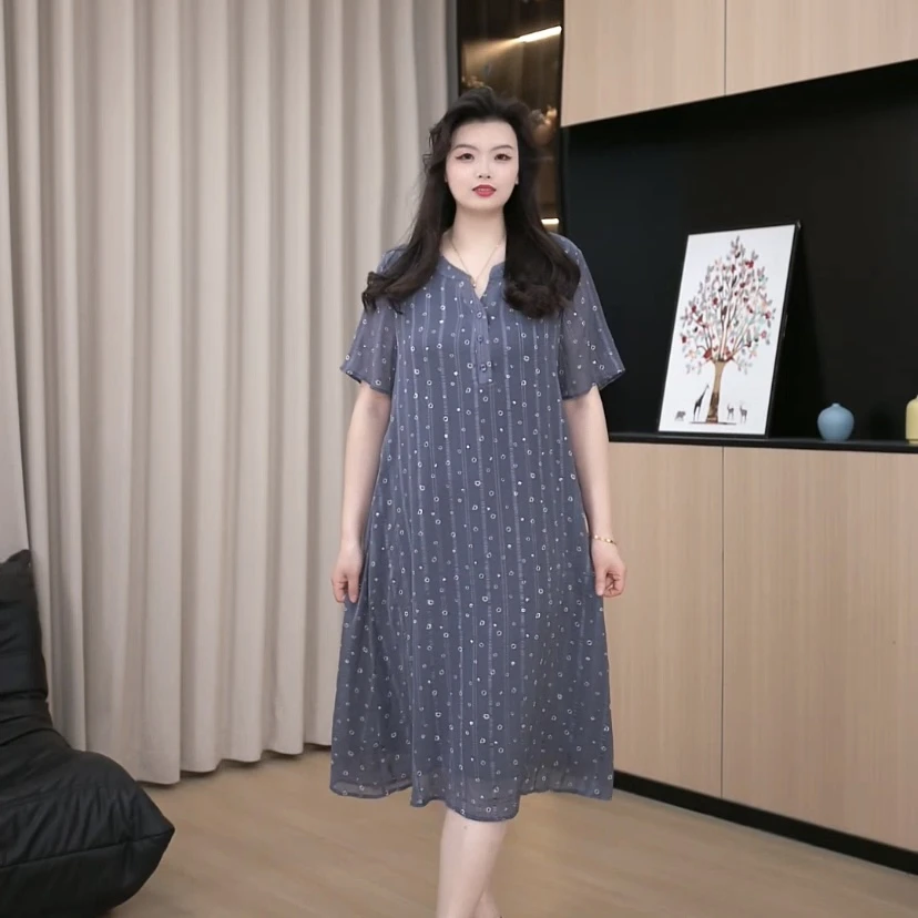 胖依依大码女装2025新款蓝色宽松气质时尚女装连衣裙240769