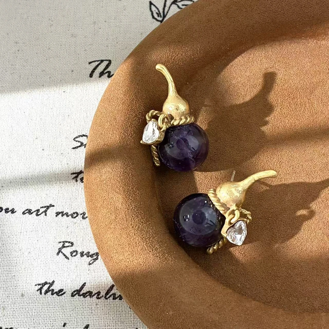 铜合金仿水晶耳饰 远远（YY694）百搭紫色镶嵌精致气质葫芦