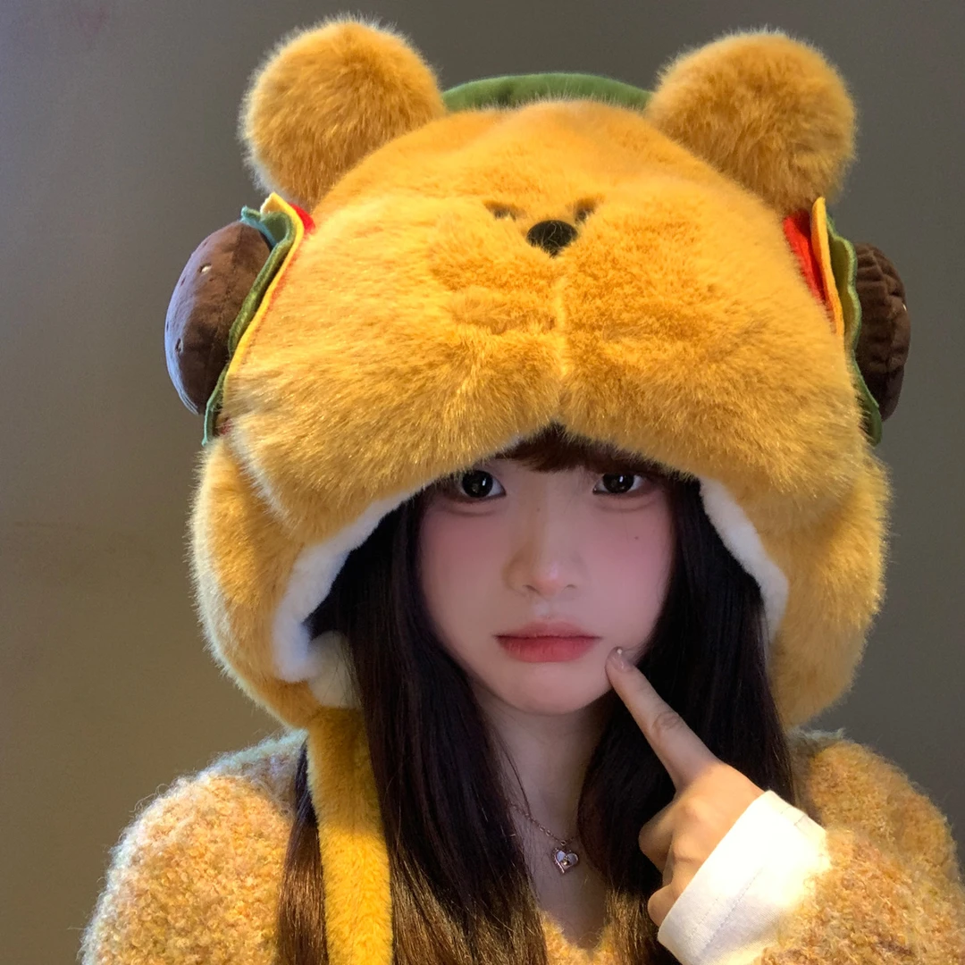 【逗奶】可爱汉堡兔子毛绒帽子女秋冬加绒加厚显脸小护耳雷锋帽