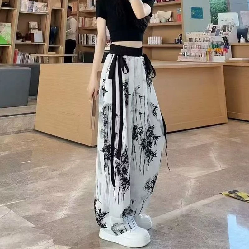 冰丝阔腿裤女宽松高腰新国风垂感夏季薄款2025新款小个休闲运动裤