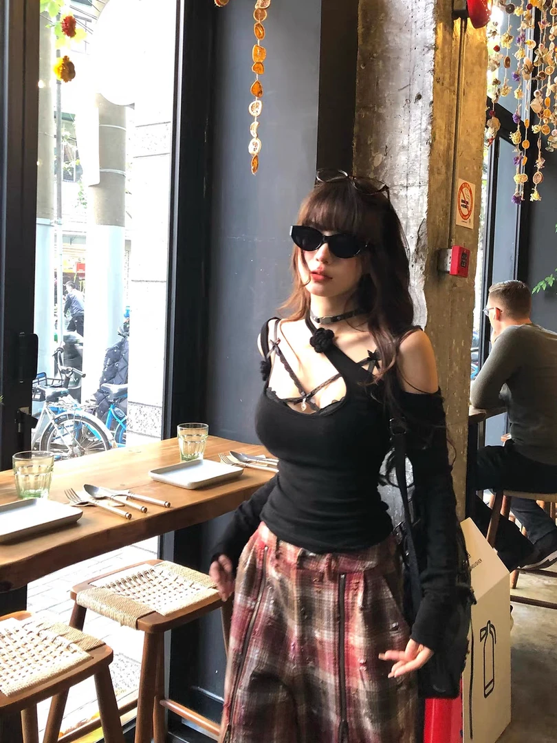 心跳暴击 纯欲针织性感内搭T恤女秋冬修身长袖显瘦露肩上衣两件套