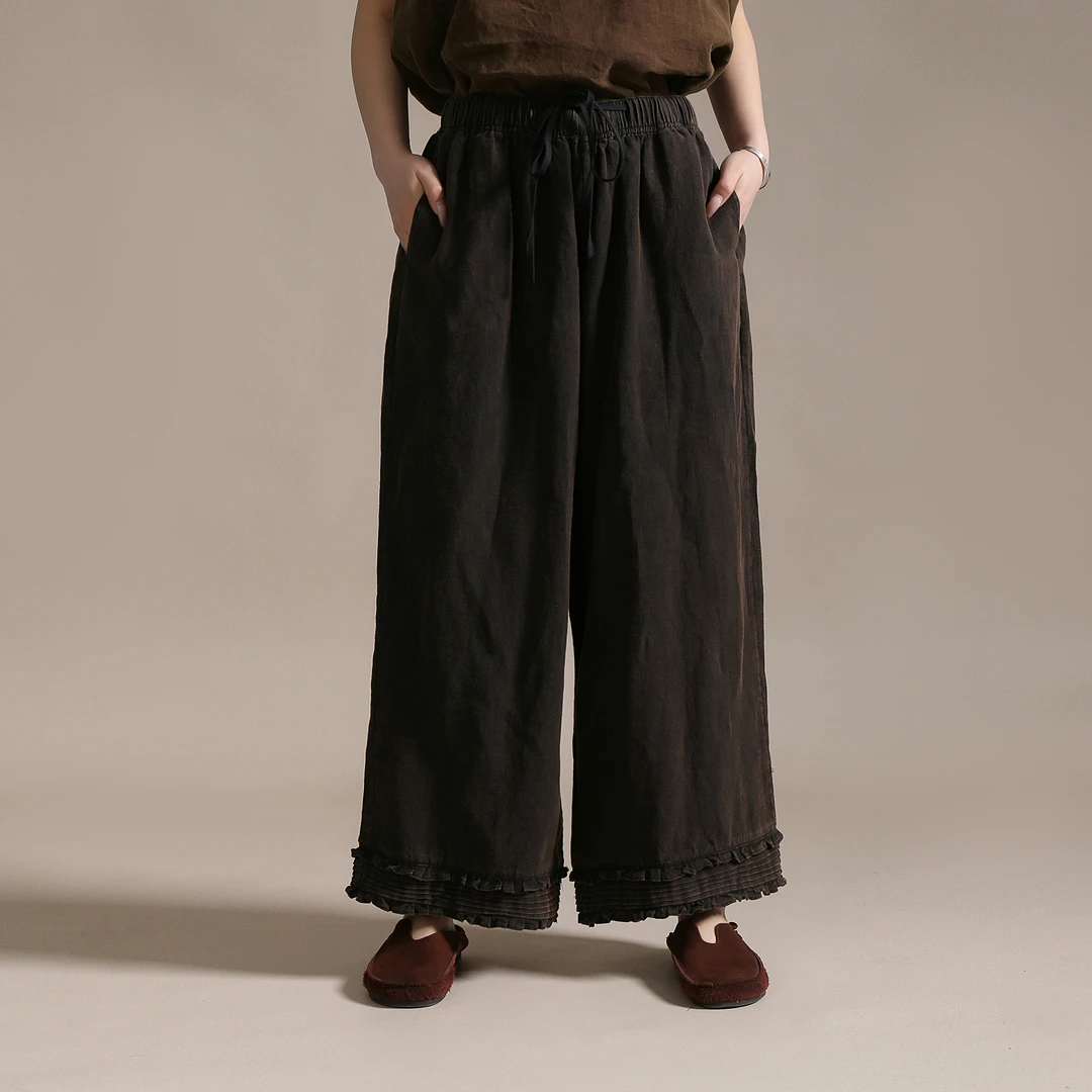 【以之】设计师品牌原创复古宽松显瘦休闲文艺亚麻花边直筒裤