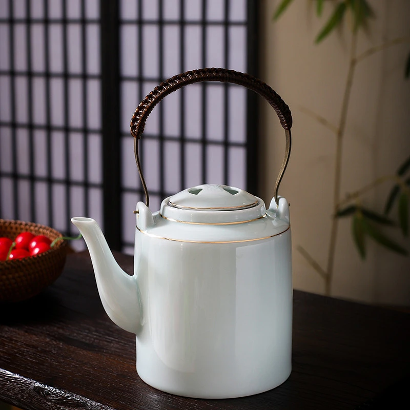 大容量青瓷茶壶1200毫升凉水壶素色简约描金泡茶壶带滤网餐厅单壶