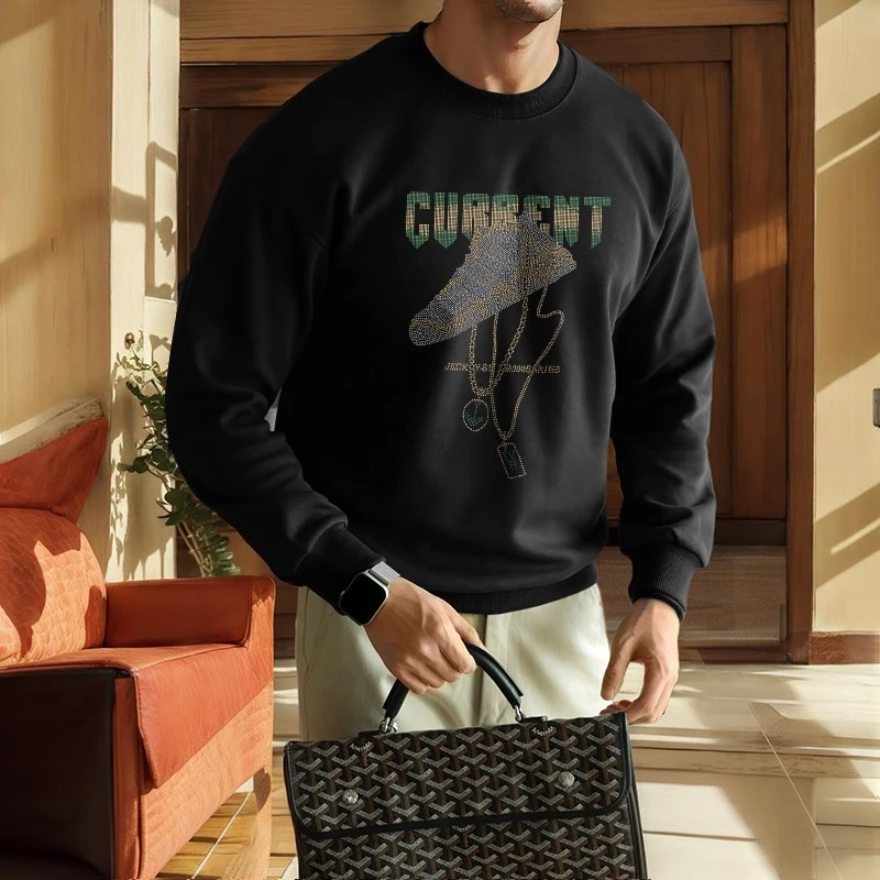 仓石一树潮牌烫钻圆领卫衣男士2025秋冬新款高级感宽松打底上衣服