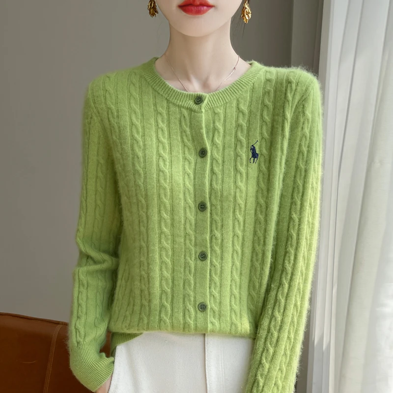 开衫款法式刺绣圆领纯色毛针织衫上衣秋冬毛衣春秋绿色针织衫