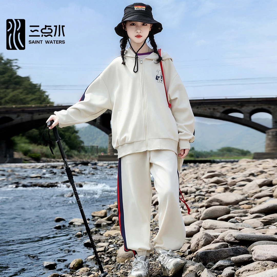 三点水【外套+裤子2件套】女童运动套装连帽外套束脚长裤柔软大码套