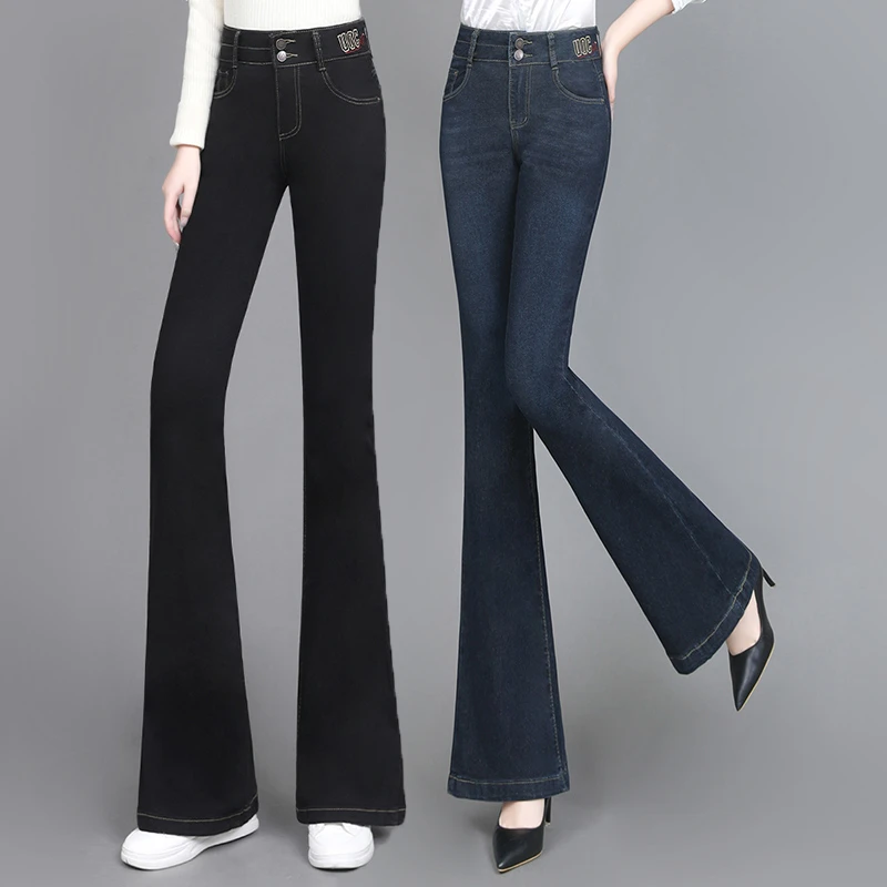 2025春秋冬季刺绣修身显瘦黑色牛仔裤休闲复古时尚喇叭长裤女