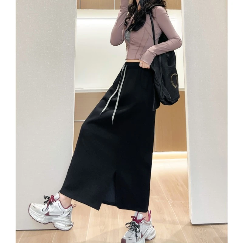 灰色卫衣半身裙女春秋季新款高级感包臀一步裙直筒A字开叉长裙子