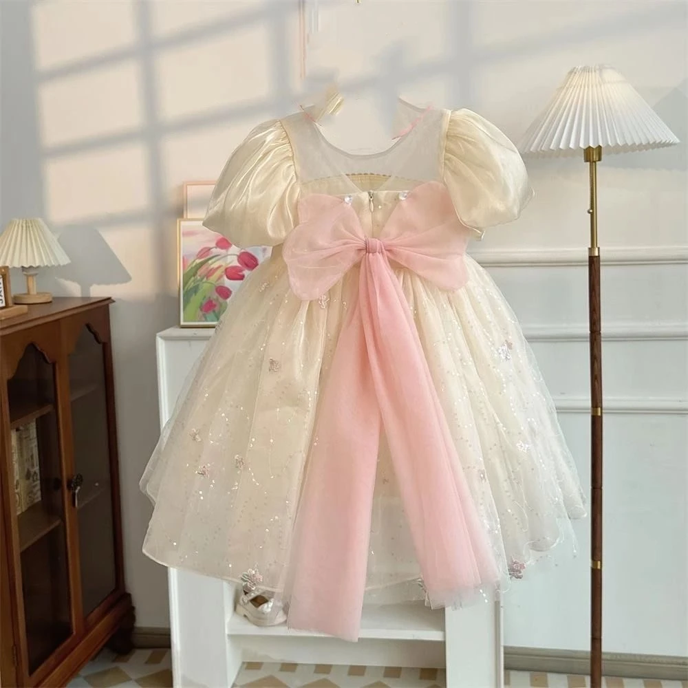 2025新款女童亮片蝴蝶蓬蓬裙宝宝白色蕾丝