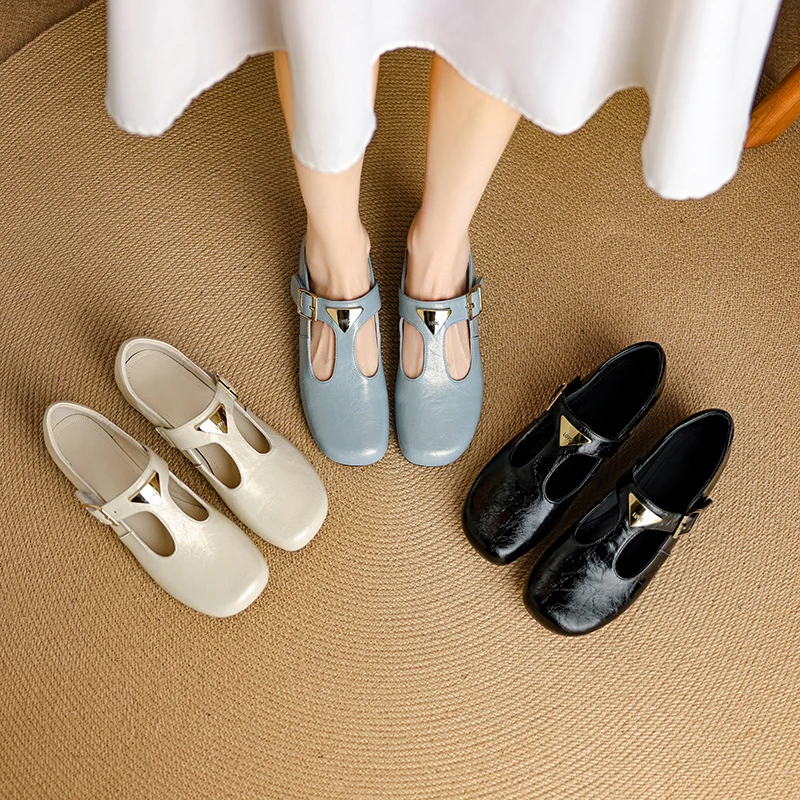 2.5cm/高级感粗跟单鞋女学院风圆头T带低跟四季小皮鞋女40