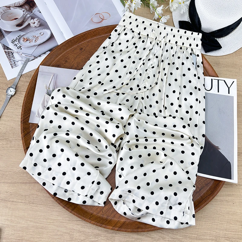 冰丝波点阔腿裤女士夏季薄款2025新款高腰显瘦垂感百搭休闲直筒裤
