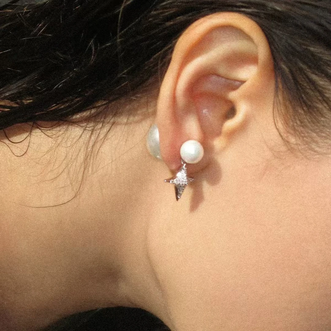 铜合金锆石耳饰  E1-089【前后贝珠坠满锆芒星耳钉】