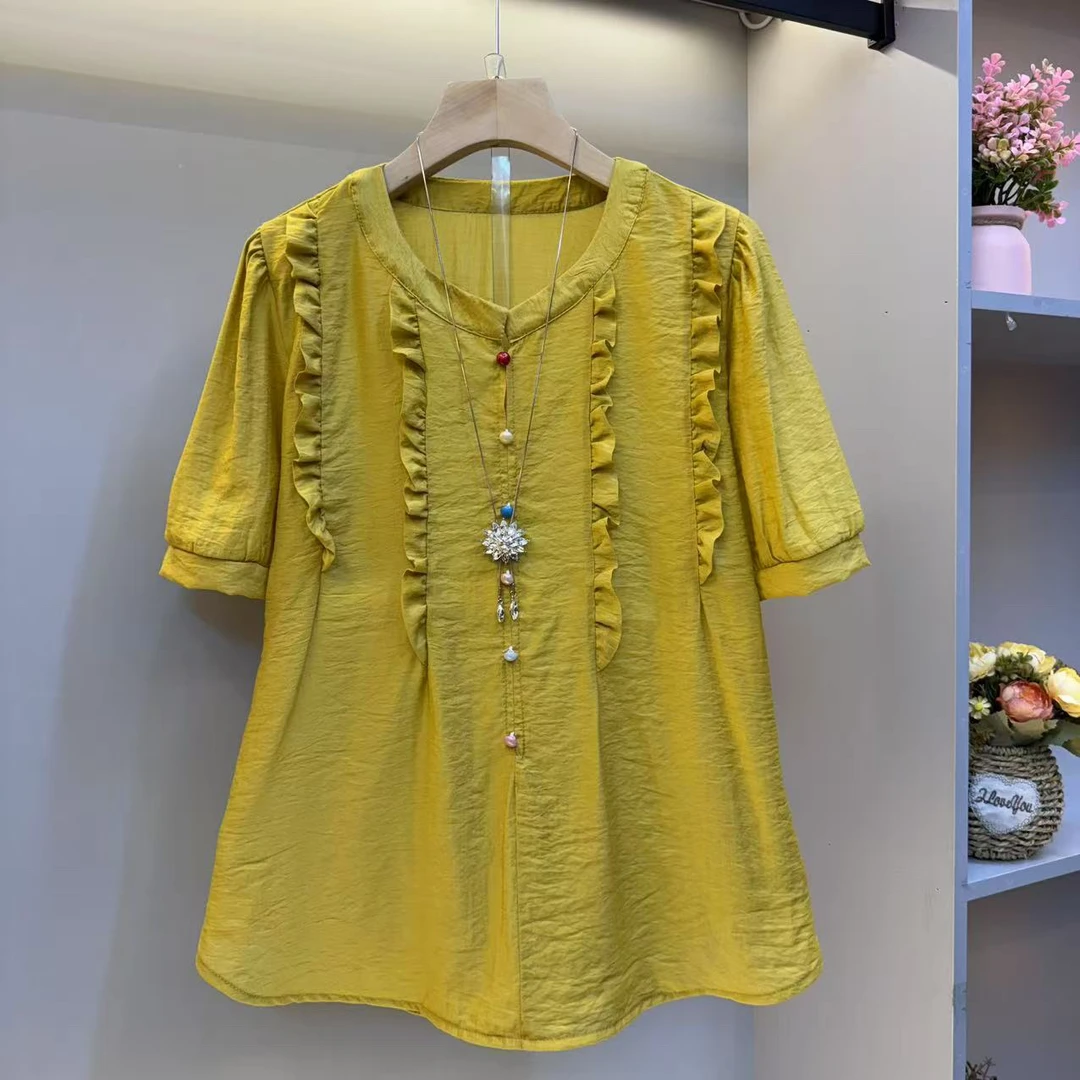欧货2025夏新款精致木耳边高级感宽松时尚短袖衫