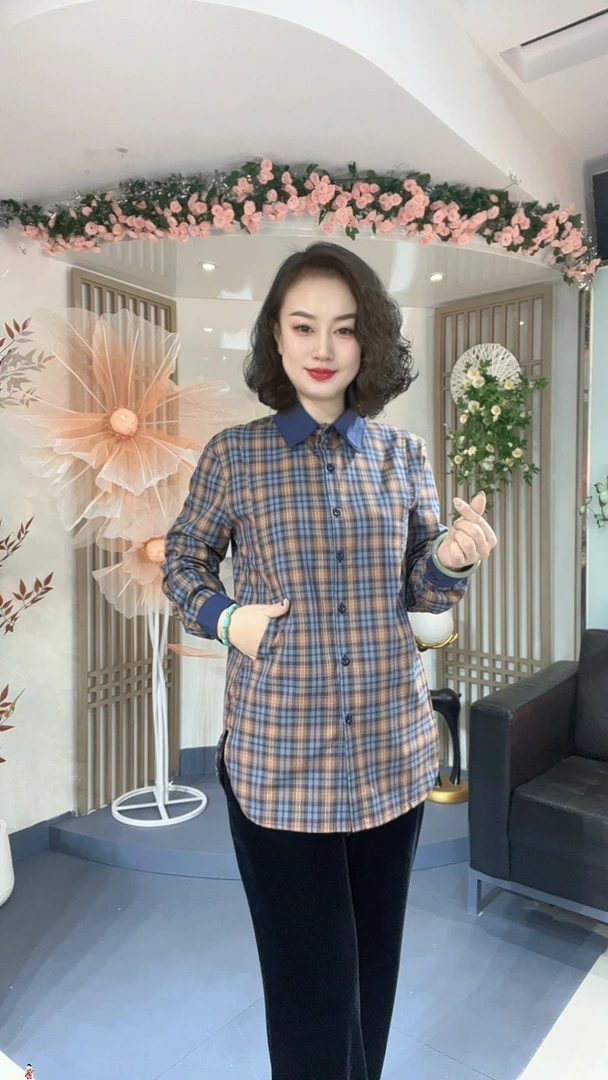 【中长款】新中式国风不加绒时尚宽松显瘦格纹翻领气质感衬衫6088