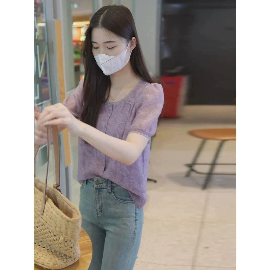 2025新款夏季紫色泡泡袖衬衫女高级感轻奢减龄洋气宽松显瘦上衣