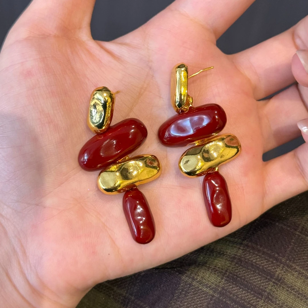 黄铜耳饰 【红颜】欧美夸张复古金色酒红色拼接金色耳环高级感耳饰