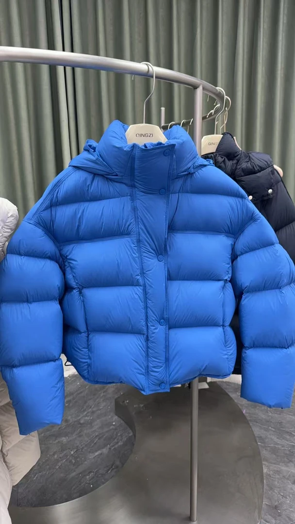 连帽厚款魔方绗缝鹅绒加厚克莱因蓝纯色1013-1