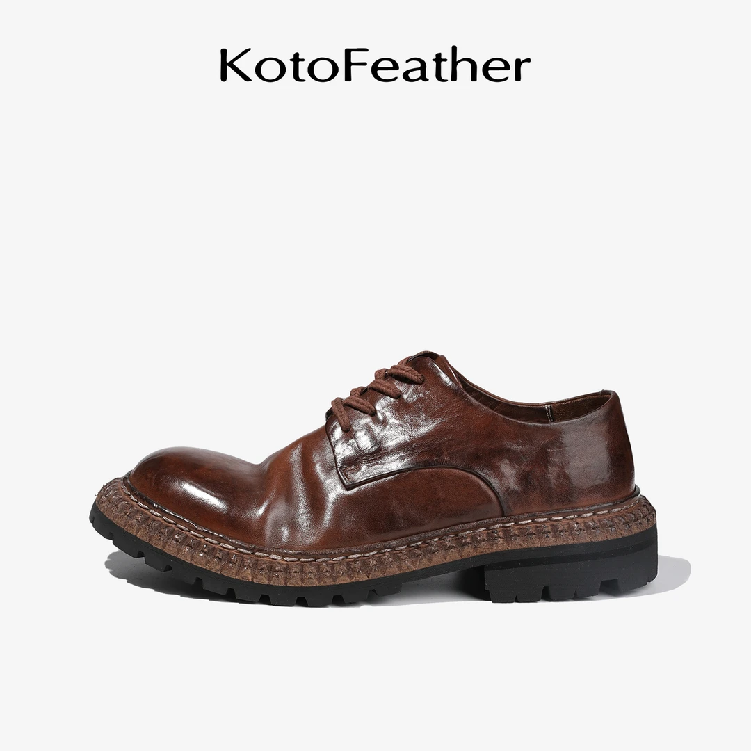 珡羽KotoFeather 美式复古重水洗巨齿鲨手工固特异马皮圆头德比鞋