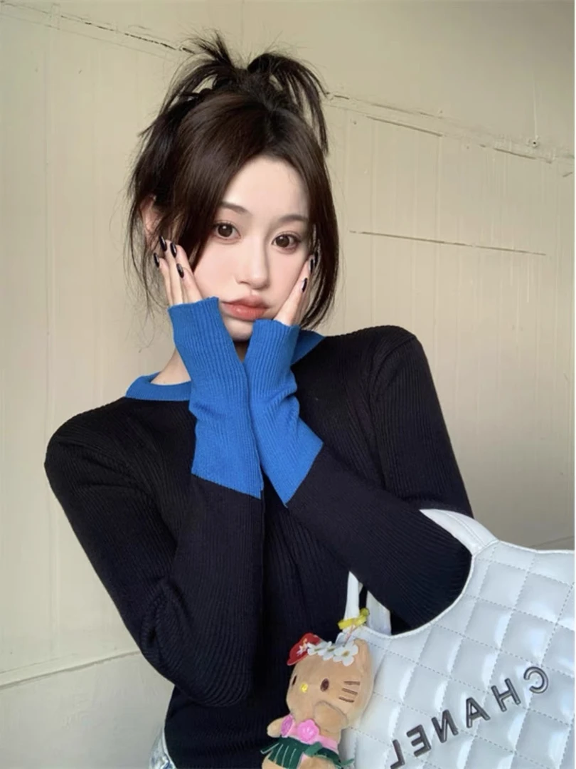 毛衣宽松慵懒风常规修身长袖拼色女圆领毛针织衫秋冬显瘦摩斯风
