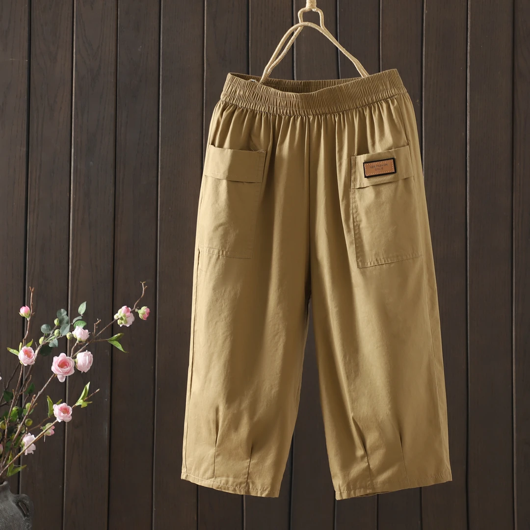 大口袋夏季宽松七分裤高腰显瘦哈伦休闲裤