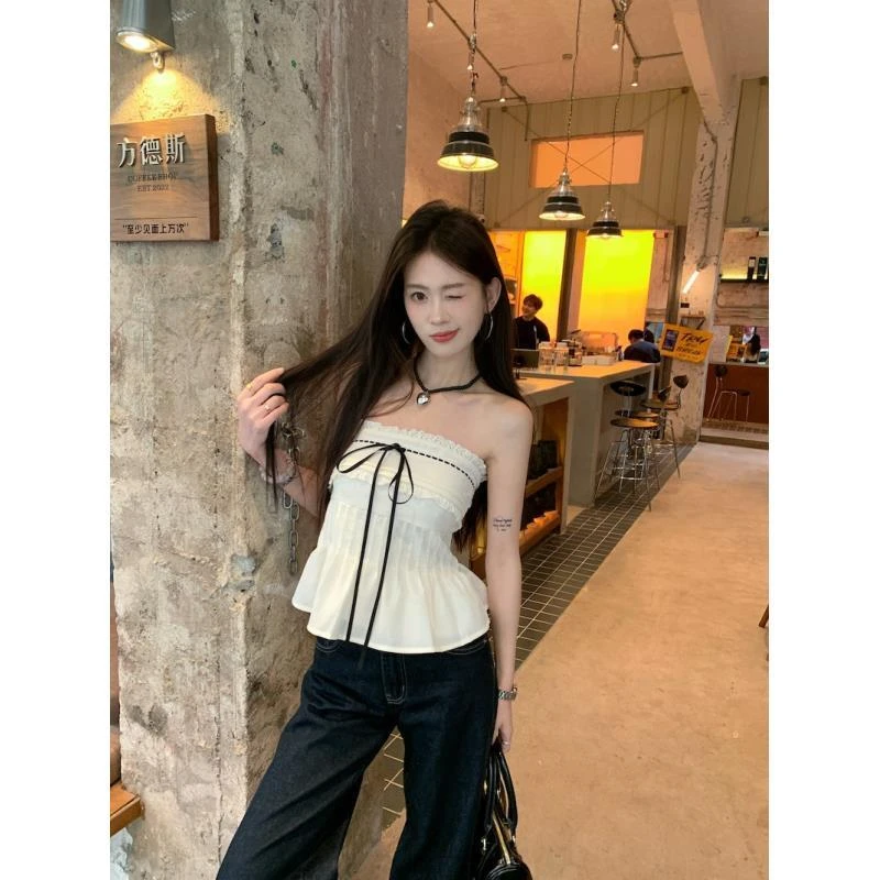 蕾丝拼接美背抹胸背心女夏季修身无袖外穿设计感辣妹杏色内搭上衣