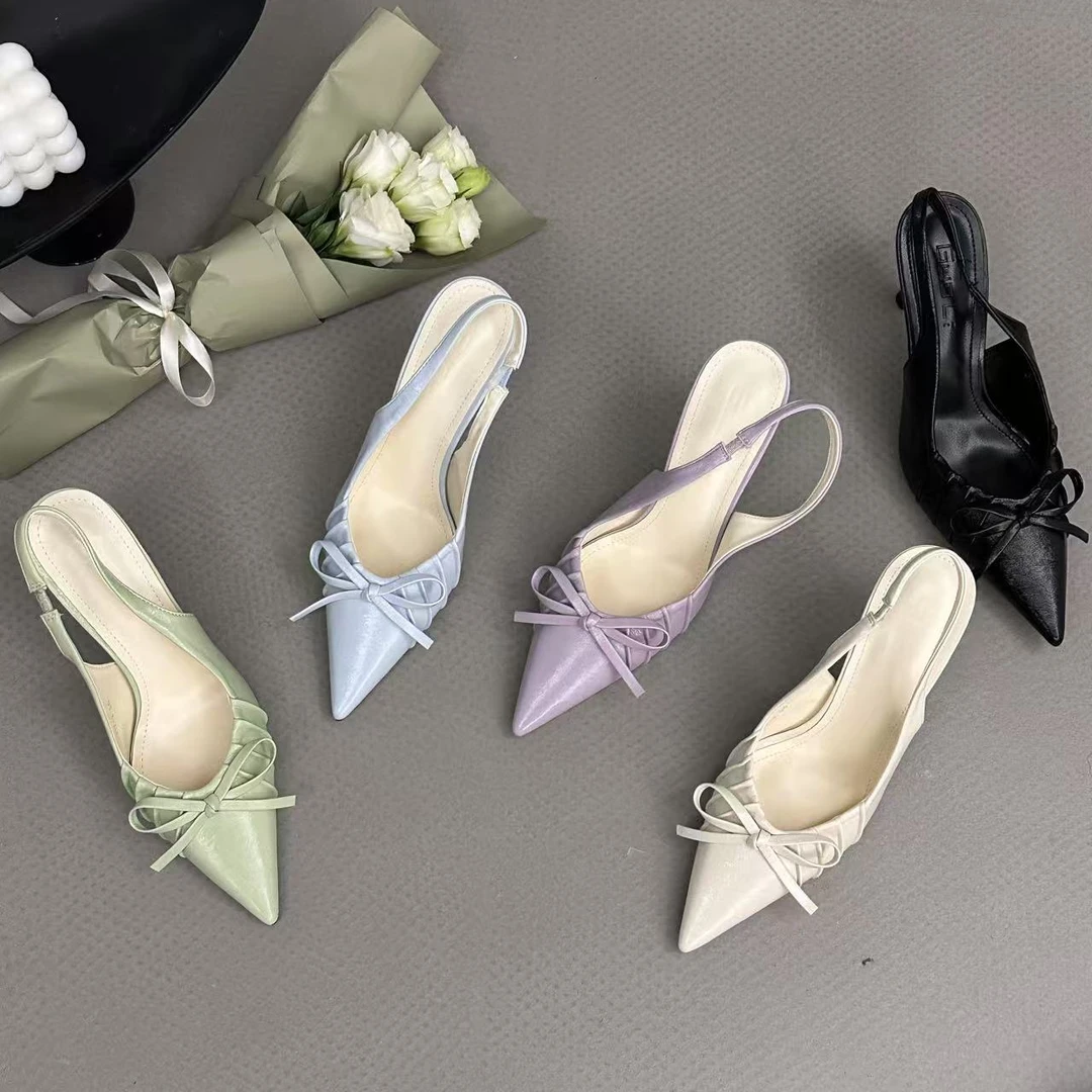 2025新品！春季蝴蝶结后空浅口绿色浅色系后空尖头名媛包头高跟鞋