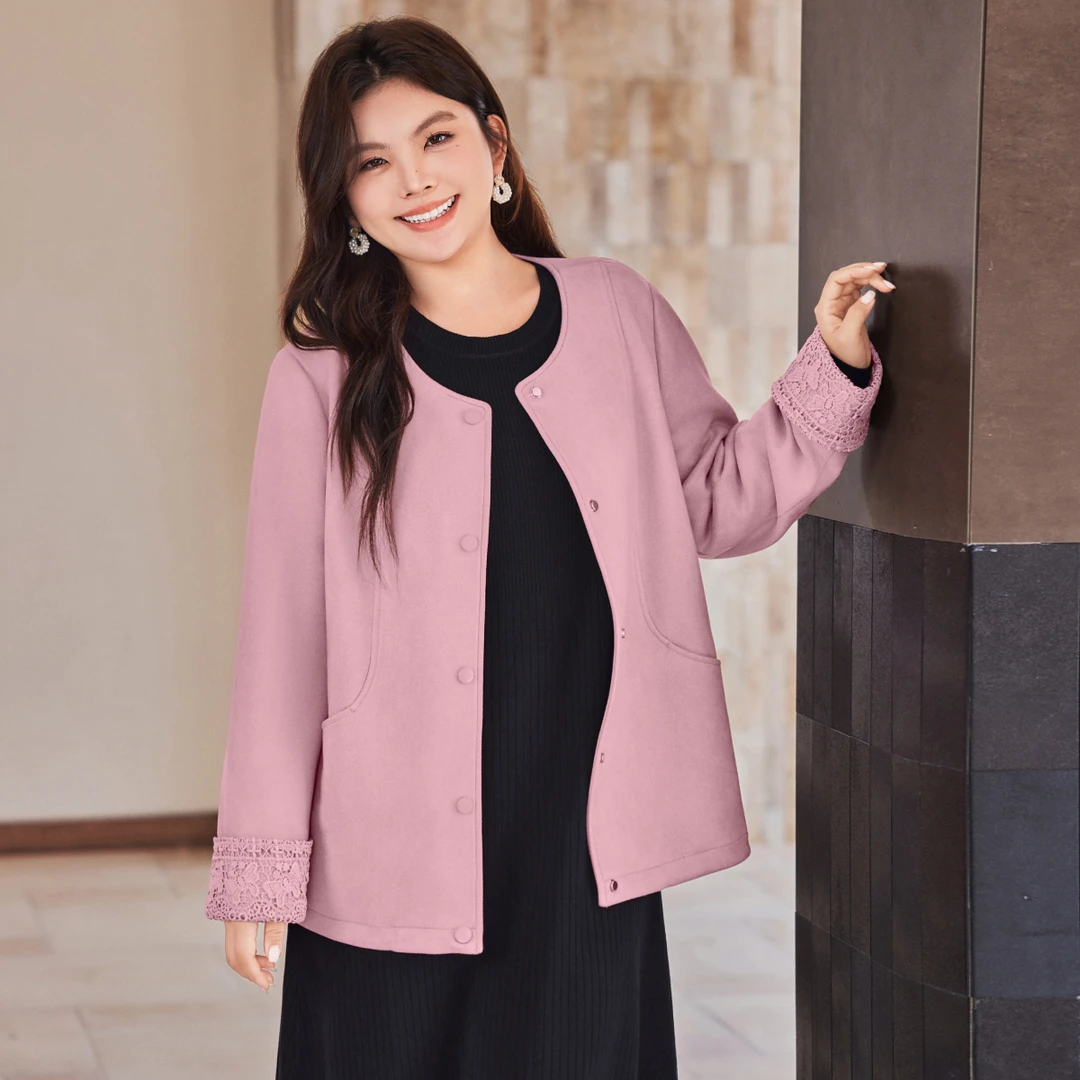 MsShe大码女装2025冬装空气层麂皮绒高级感花边袖口外套E2509032