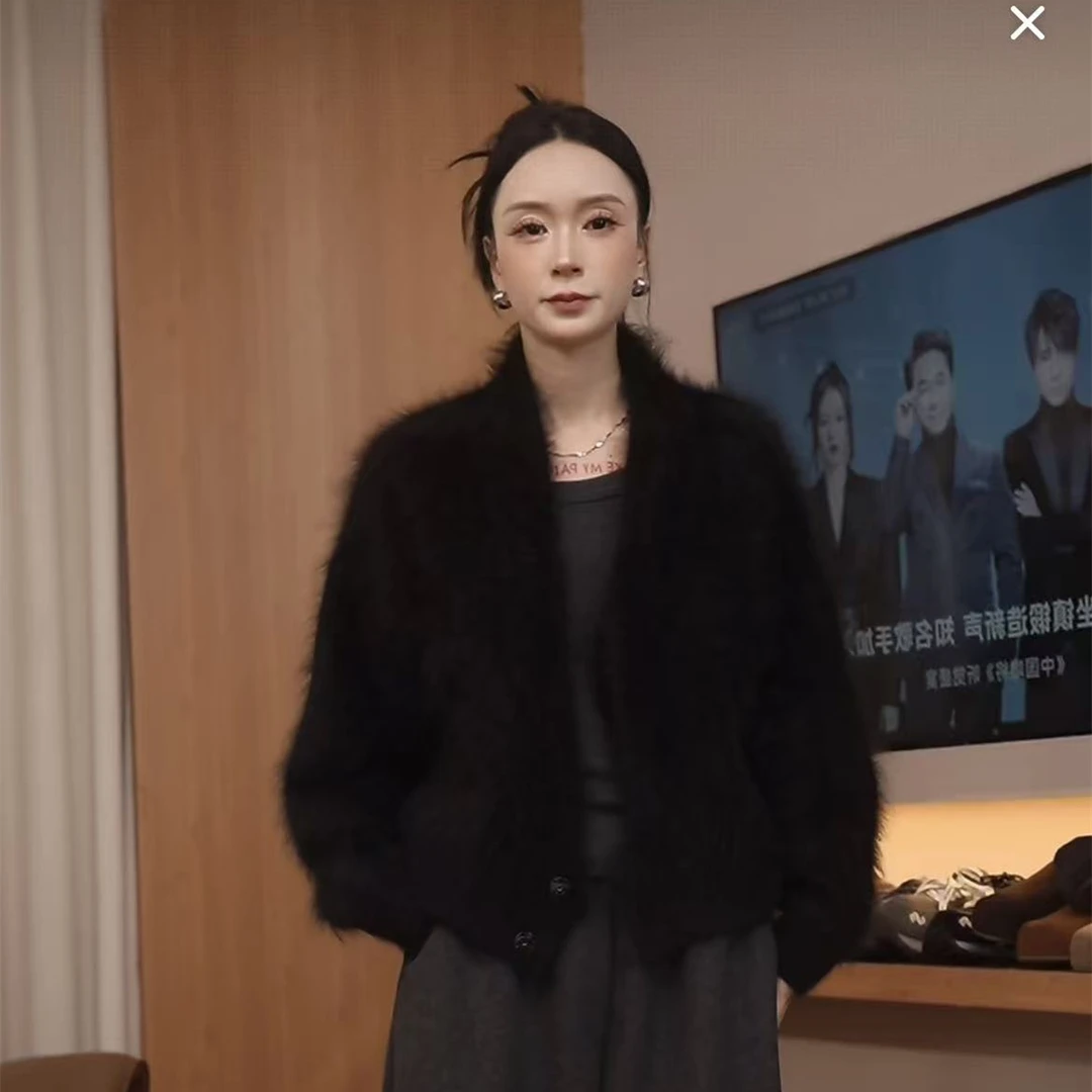 秋冬新款短款黑色长毛水貂绒毛衣女慵懒风针织开衫外套毛茸茸上衣