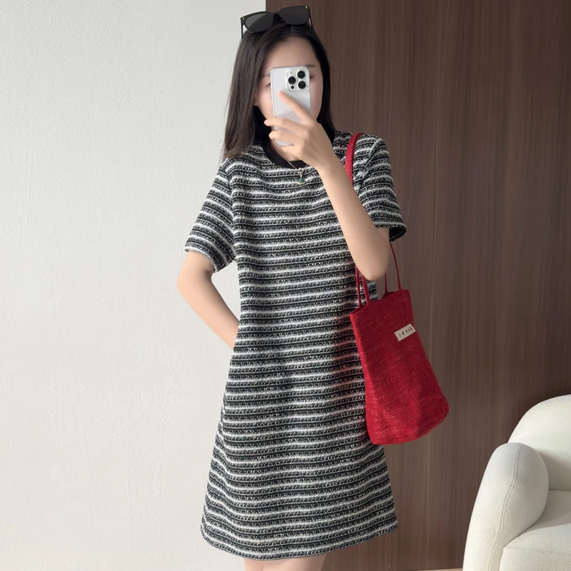 精致优雅~气质小香亮葱肌理感针织T恤裙女重工显瘦中长直筒裙2025