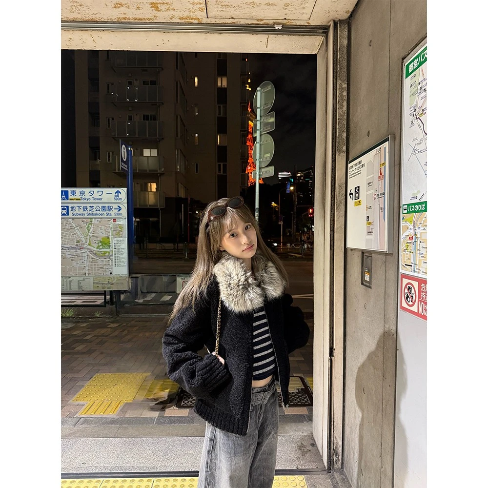 毛领小颗粒皮毛一体毛外套女保暖长袖上衣冬  #C1503