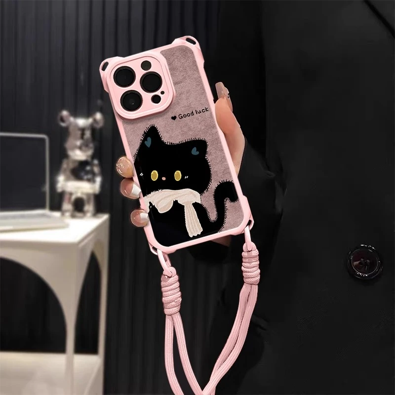 适用围巾好运喵四角防摔苹果17promax可爱手机壳vivo小米华为oppo