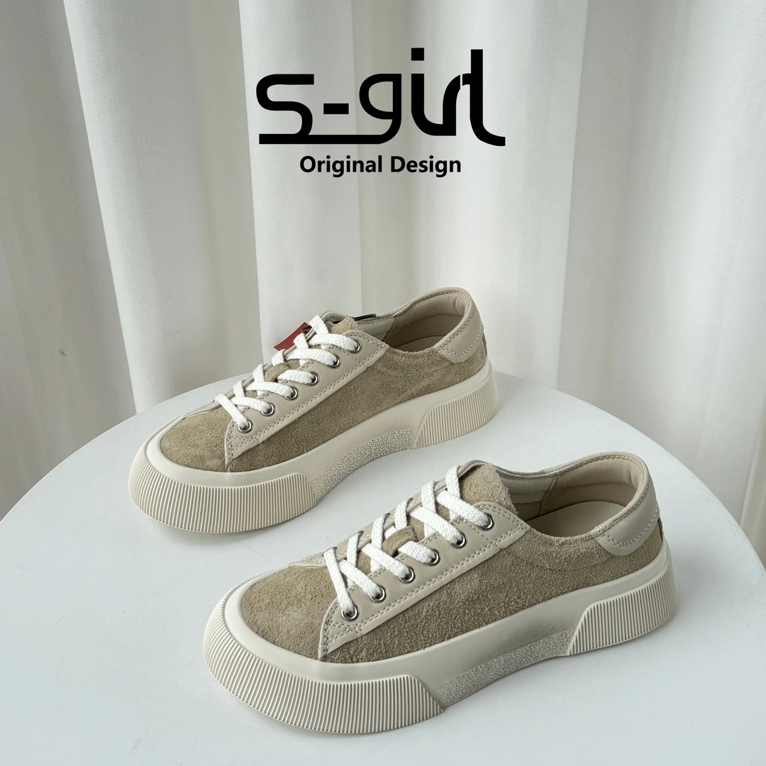 SGIRL TWTW复古厚底牛皮板鞋女2025新款透气做旧百搭休闲帆布鞋潮