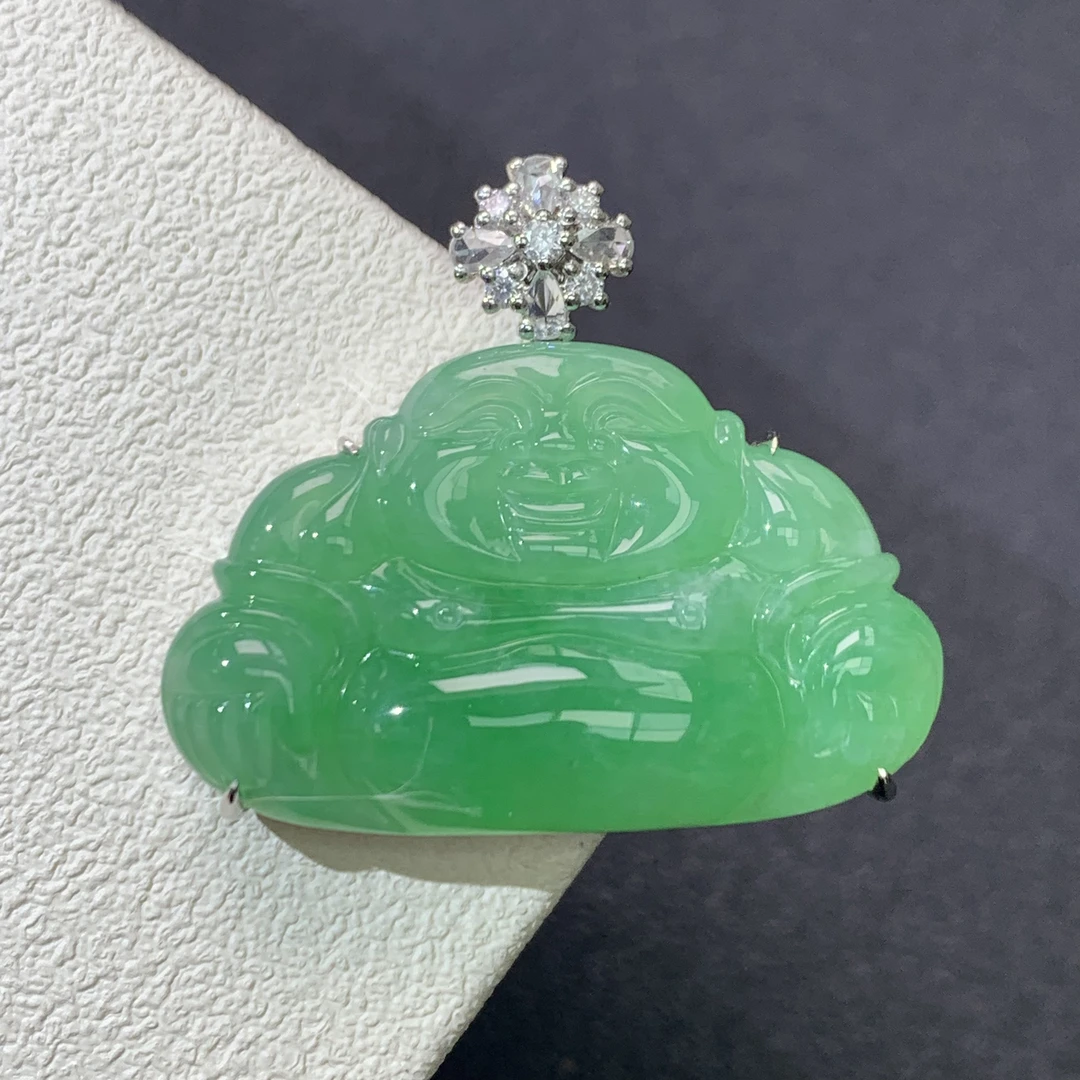 新品推荐·18K金冰种冰阳绿佛公翡翠玉石缅A吊坠气质时尚绿色