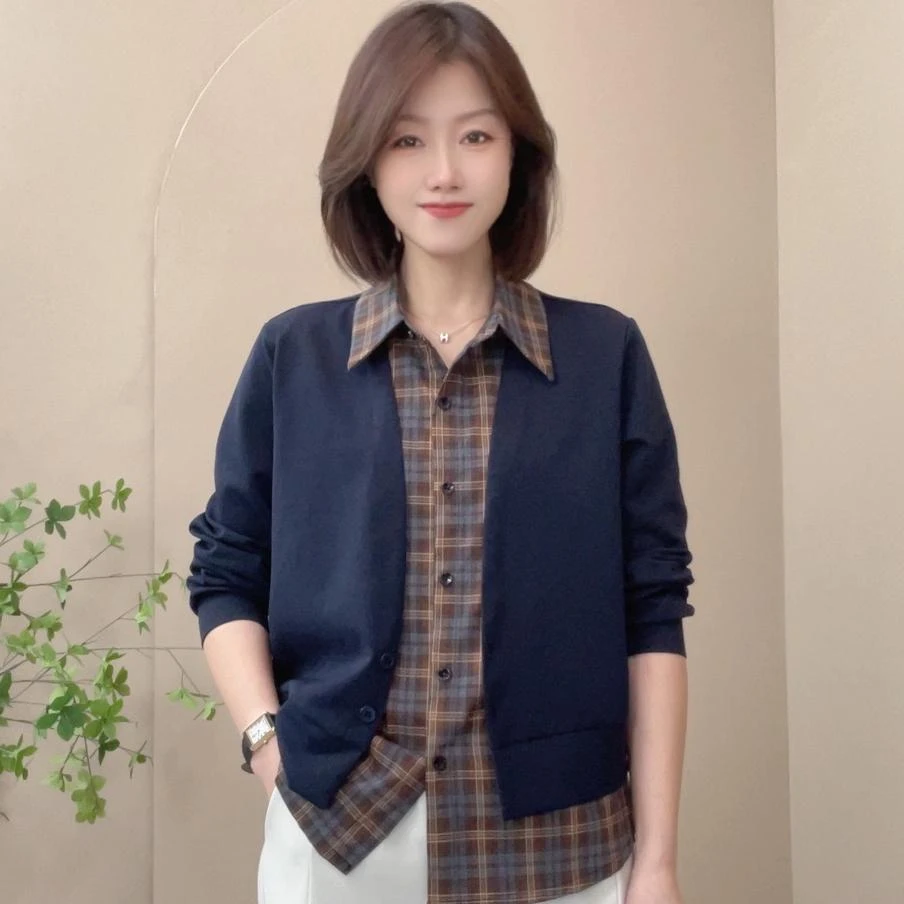 790秋季新款格子长袖假两件时尚小衫气质休闲显瘦百搭女士打底衫