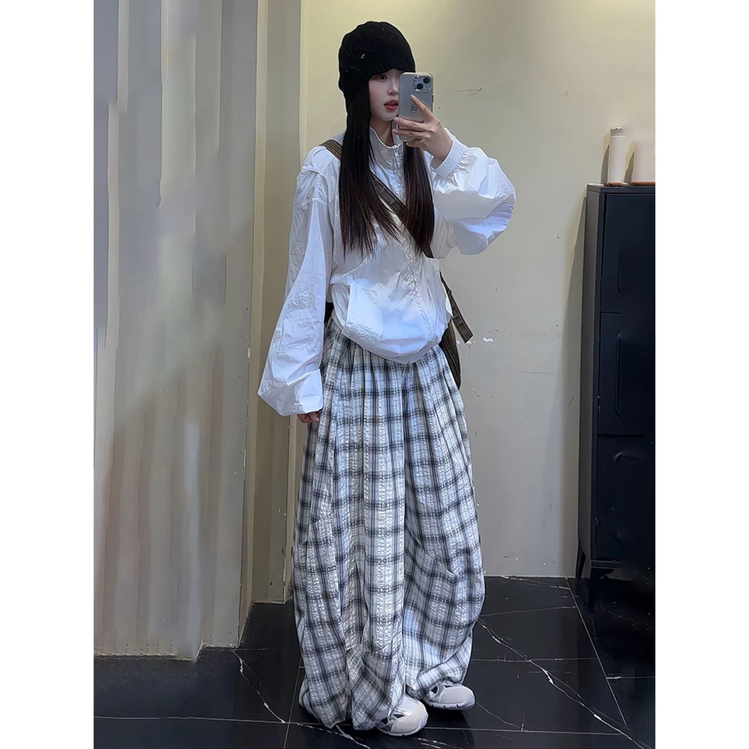 cleanfit黑白格子裤女款夏季薄款冰丝阔腿裤子直筒宽松速干休闲裤