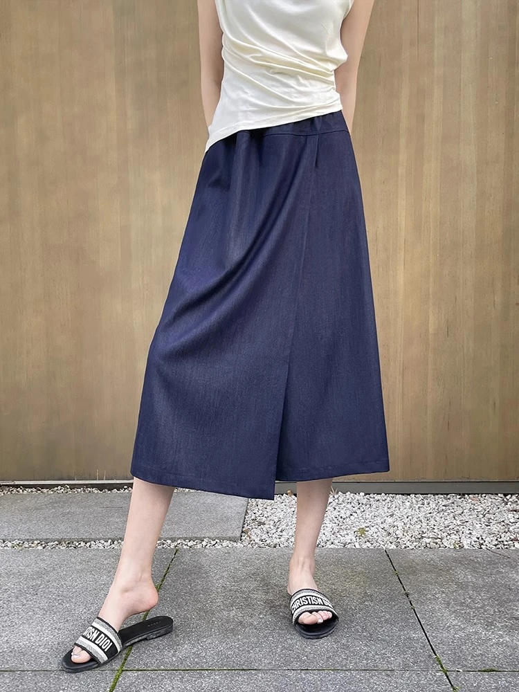 天丝牛仔裙裤女夏季薄款大码松紧腰梨形身材显瘦垂感冰丝半身裙