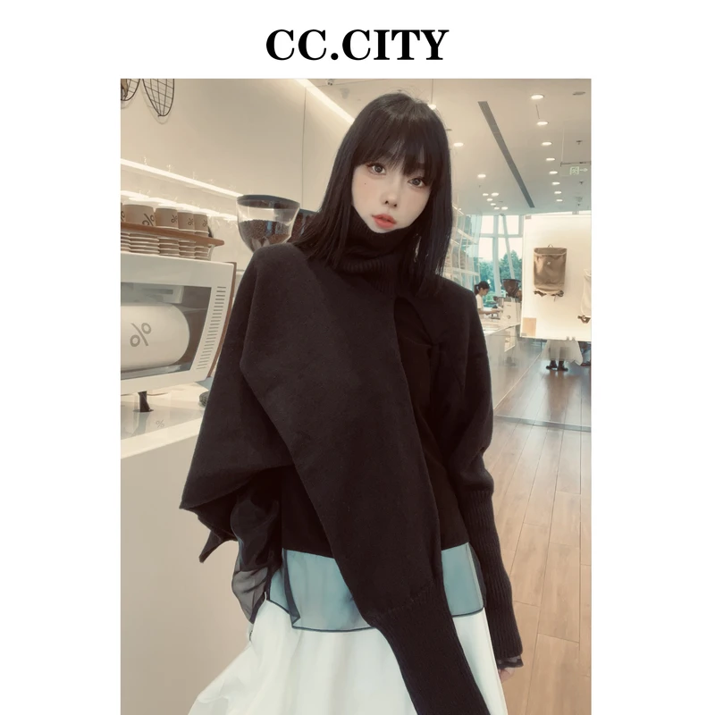 【蔡丽丽&添羽】时尚洋气百搭毛衣高领披肩外套33015