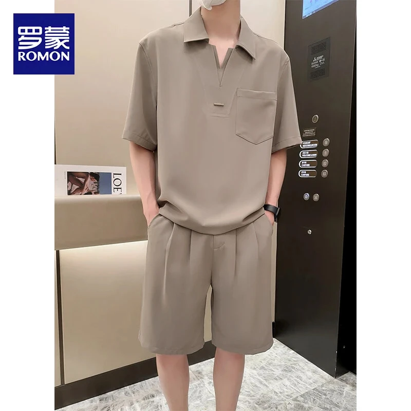 罗蒙轻熟男夏季薄套头纯色百搭假两件垂感休闲半袖衬衫五分裤套装