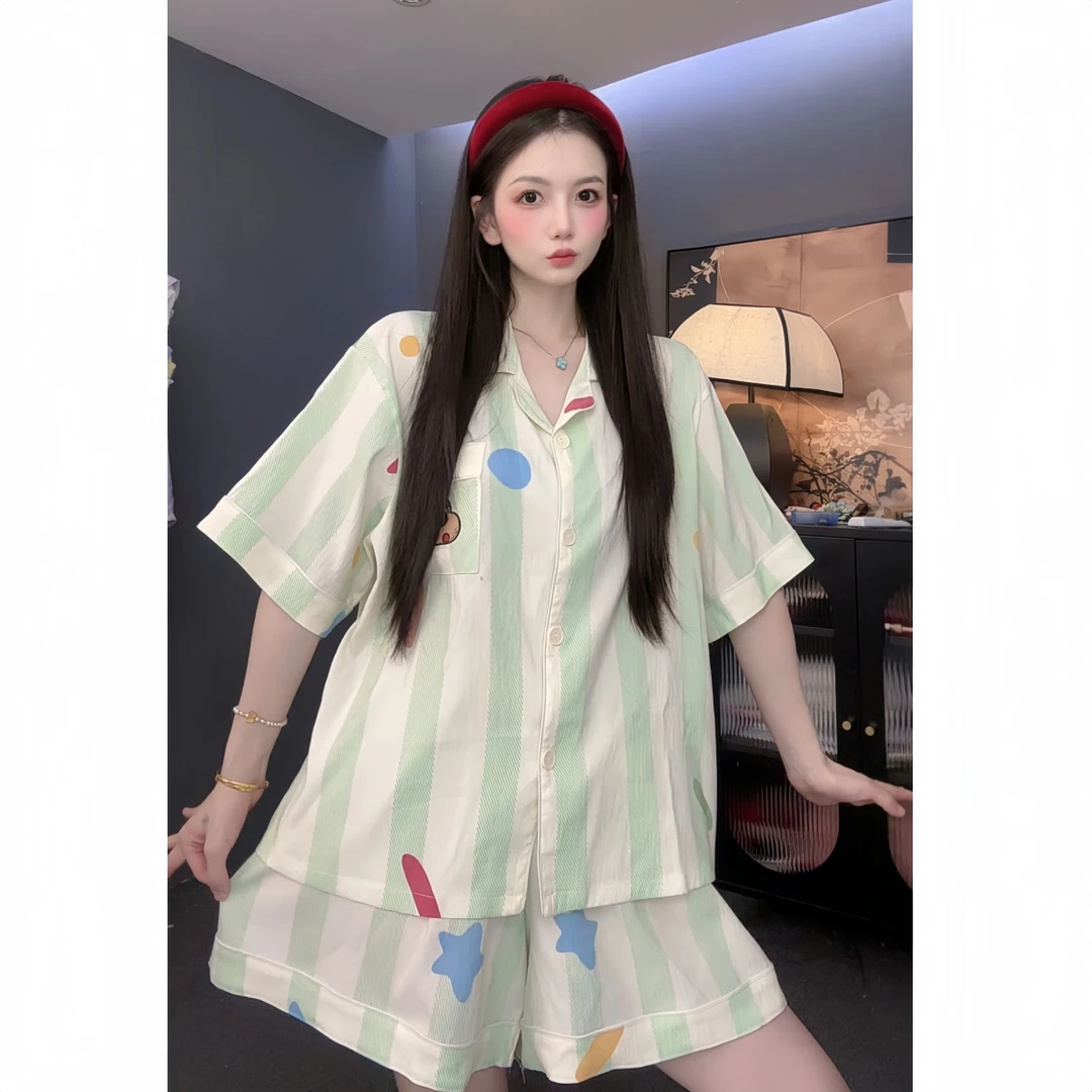 【呆萌小新】原创条纹简约云朵棉宽松版短袖睡衣小翻领夏家居服女