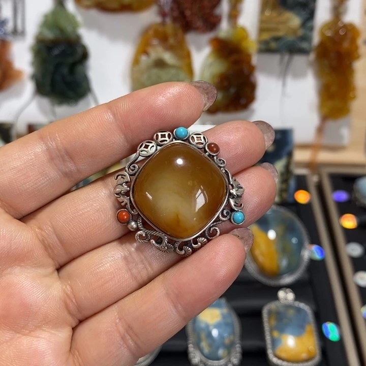 蛇纹石玉银S925镶嵌颈饰