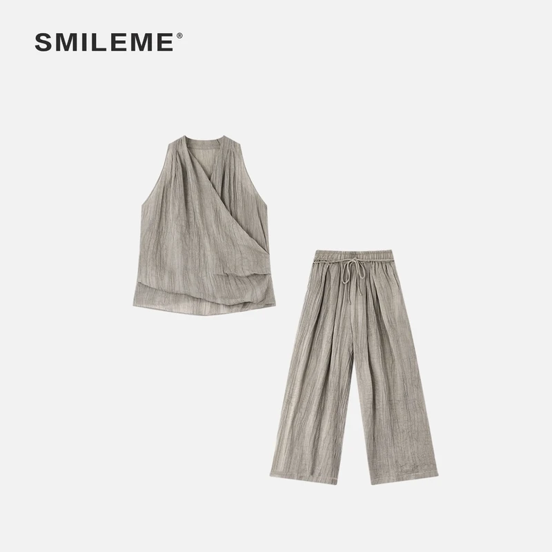 【云锦韵华】夏季新款’苎麻＋天丝’混纺气质感V领挂脖上衣裤子套装