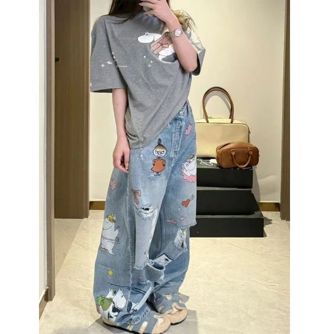 复古卡通涂鸦水洗破洞阔腿牛仔裤女2025春夏设计感宽松显瘦长裤潮