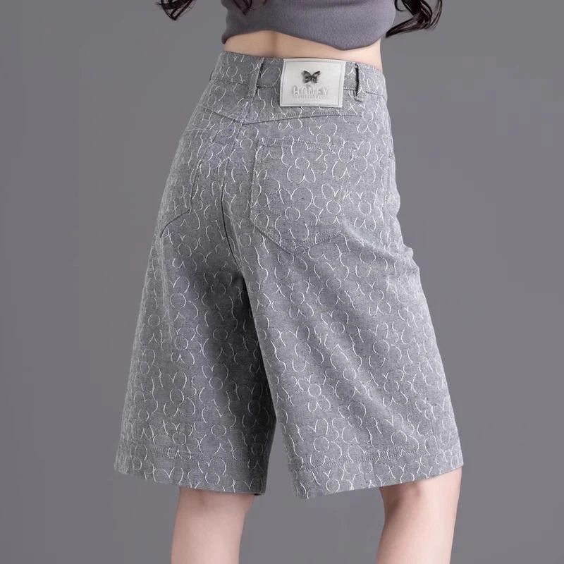 复古浅灰提花牛仔裤女夏天薄款2025新款高街五分短裤宽松阔腿中裤