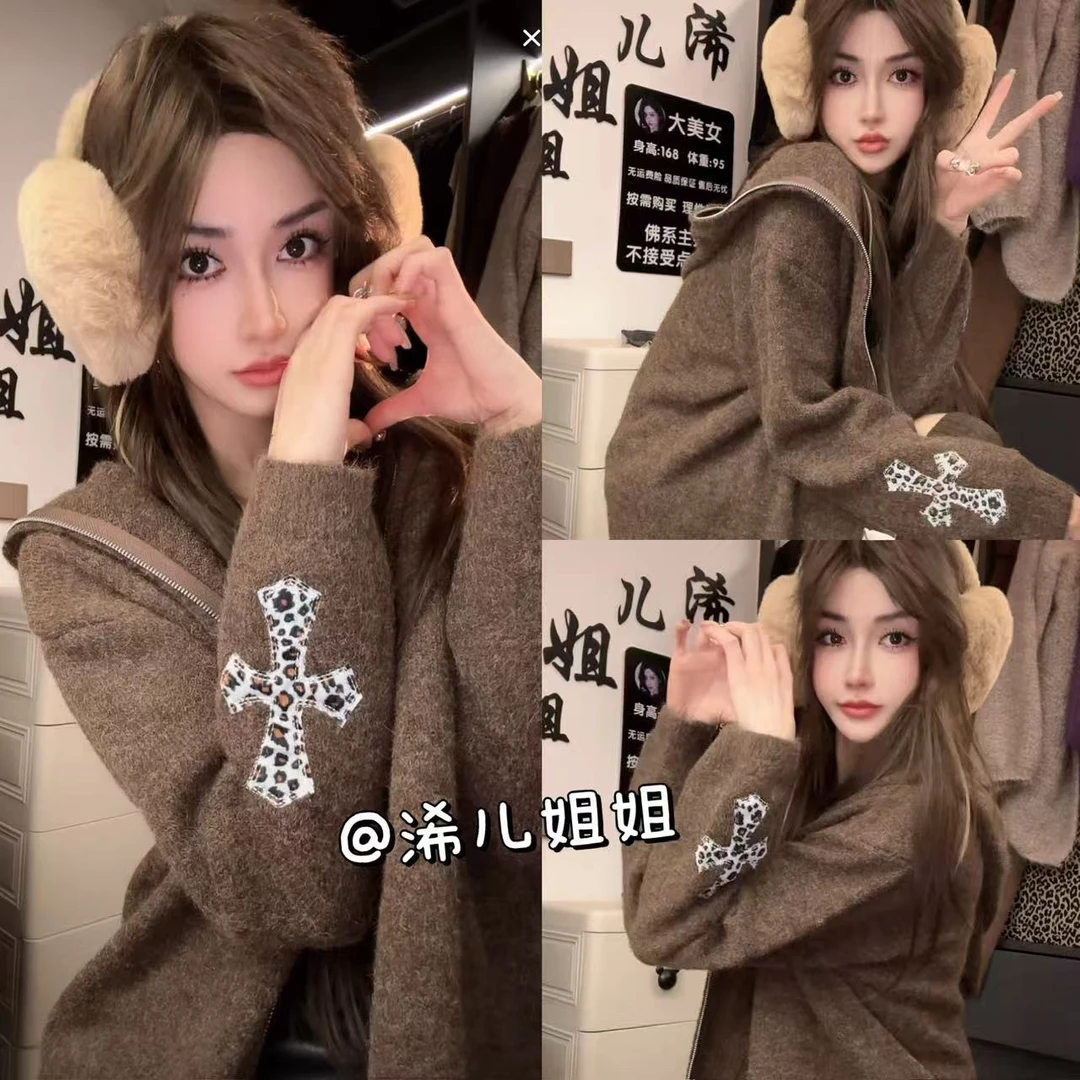 （浠儿家）复古连帽毛衣十字架双拉链针织衫宽松长袖美拉德外套潮