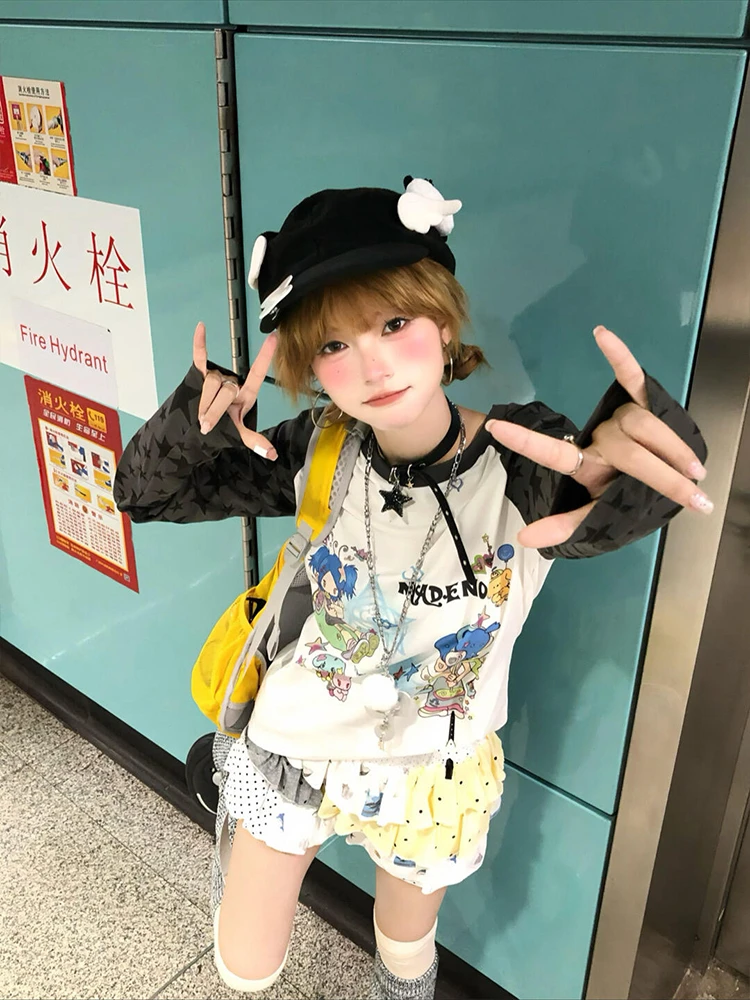 美式复古y2k轻亚撞色星星长袖t恤秋季宽松卡通少女甜酷风辣妹上衣