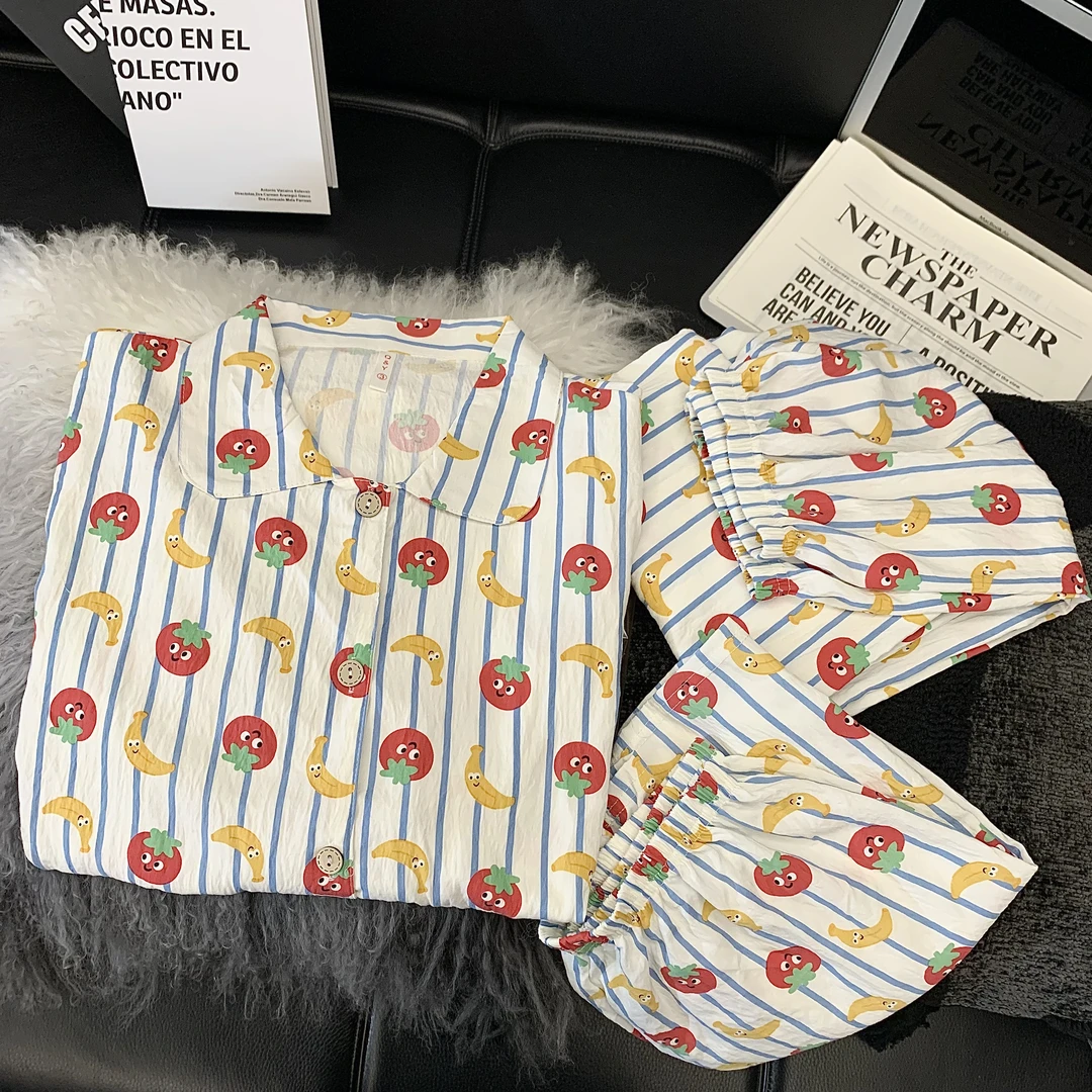 【西红柿】夏天卡通条纹短袖云朵绵睡衣少女三件套休闲套装家居服