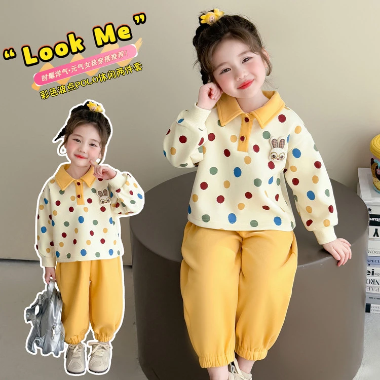 女童圆点翻领套装春秋季新款女宝宝洋气时尚两件套儿童休闲秋装潮