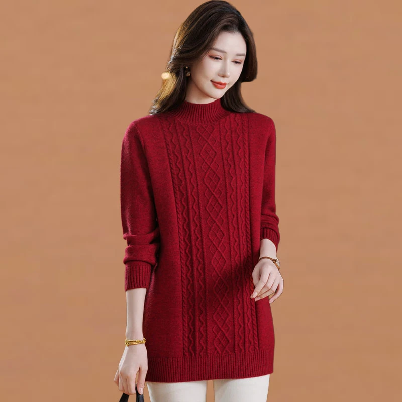 半高领中长款毛衣女内搭遮屁股秋冬2025新款妈妈装加厚针织打底衫